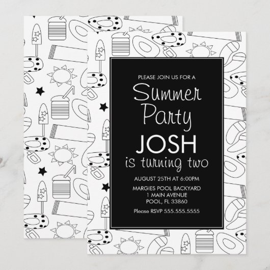 Invitation Summer Beach Thème Doodle Anniversaire (Devant / Derrière)