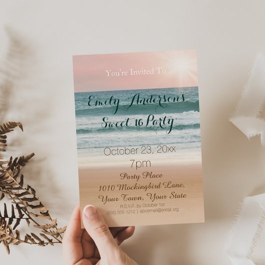 Invitation Summer Beach Thème Pink Sunset Sweet 16 Anniversai