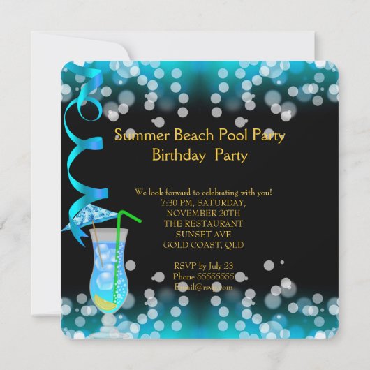 Invitation Summer Blue Cocktail Beach Pool Party (Dos)