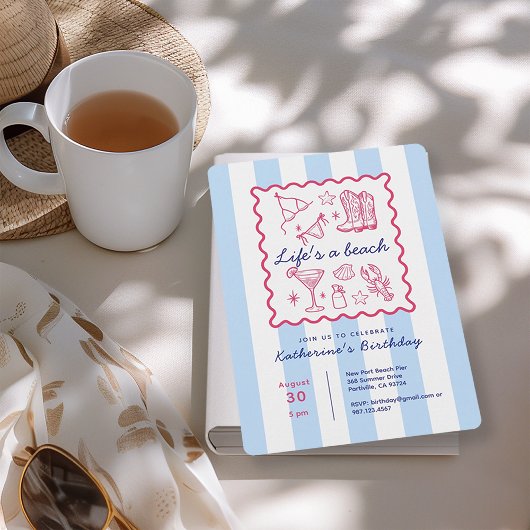 Invitation Summer Blue Stripes Beach Life Birthday Party 