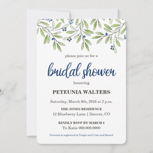 Invitation Summer Blueberry Foliage Nuptiale Douche Invitatio (Devant)