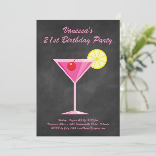 Invitation Summer Chalkboard & Pink 21e fête d'anniversaire (Debout devant)