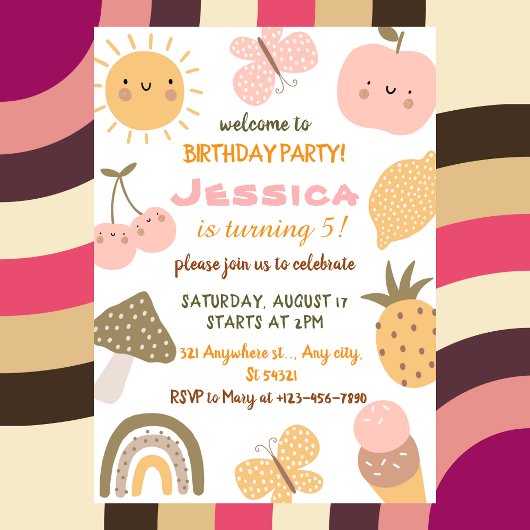 Invitation Summer Cute Fruit & Rainbow 5e fête d'anniversaire
