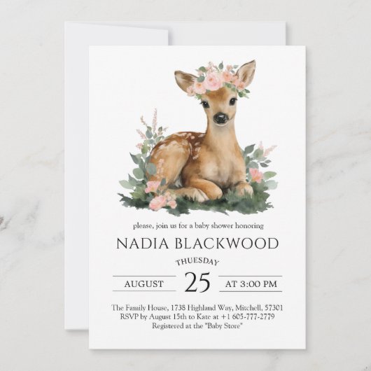 Invitation Summer Fawn Watercolor Baby Shower (Devant)