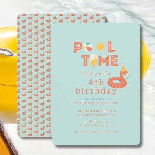 Invitation summer flamingo popsicle kids birthday pool party