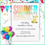 Invitation Summer Food Friends Famille Anniversaire Barbecue<br><div class="desc">Un barbecue d'été,  un anniversaire ou une invitation à la fête dans des couleurs estivales joyeuses,  jaunes,  oranges et bleues,  avec également un verre de citronnade pour étancher la soif.</div>