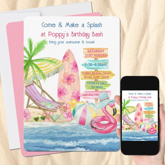 Invitation Summer Fun Beach et Surf Girls Anniversaire