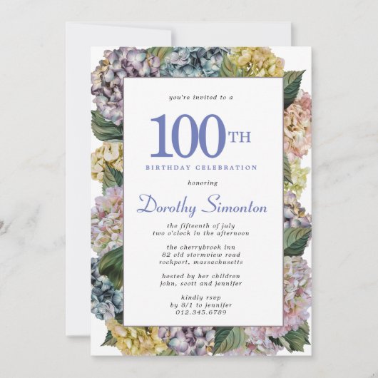 Invitation Summer Hydrangea 100e fête d'anniversaire (Devant)