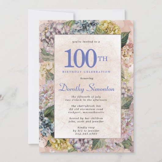 Invitation Summer Hydrangea 100e fête d'anniversaire (Devant)