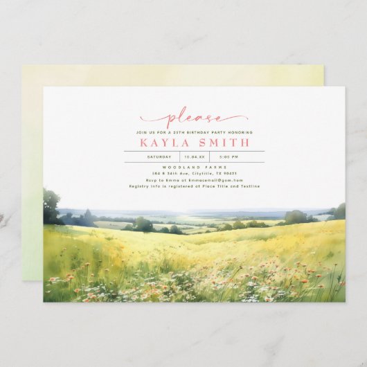 Invitation Summer Meadow et Fleur sauvage Boho Anniversaire (Devant / Derrière)