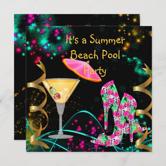 Invitation Summer Pink Black Beach Pool Party (Devant / Derrière)