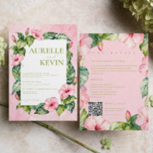 Summer Pink Green Floral Watercolor QRcode Wedding