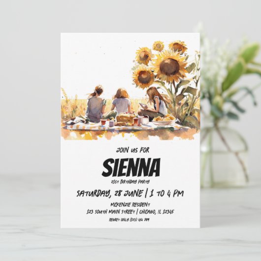 Invitation Summer Pique-nique vue sur le terrain de tournesol (Debout devant)