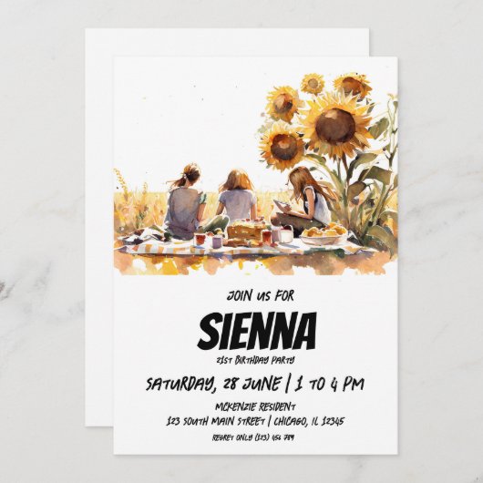 Invitation Summer Pique-nique vue sur le terrain de tournesol (Devant / Derrière)