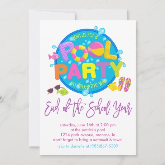 Invitation Summer Pool Party, Fin de l'année scolaire (Devant)