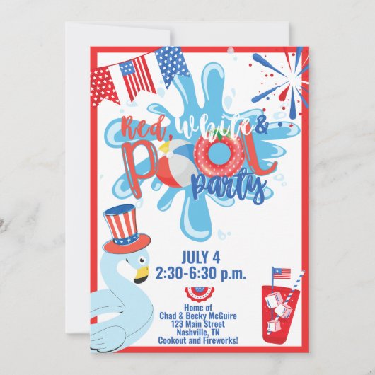 Invitation Summer Pool Party Juillet 4 Memorial Day Rouge Ble (Devant)