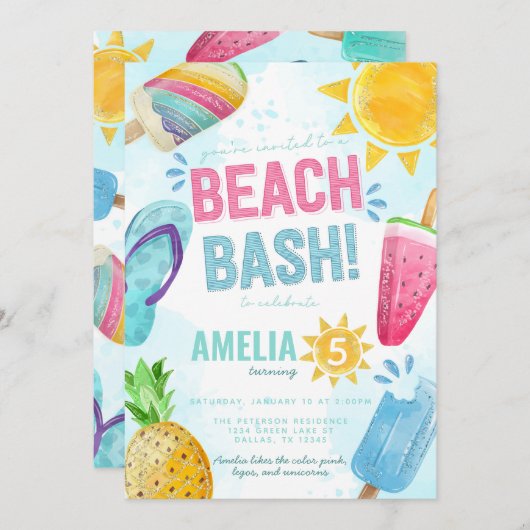 Invitation Summer Popsicle Beach Bash Anniversaire (Devant / Derrière)