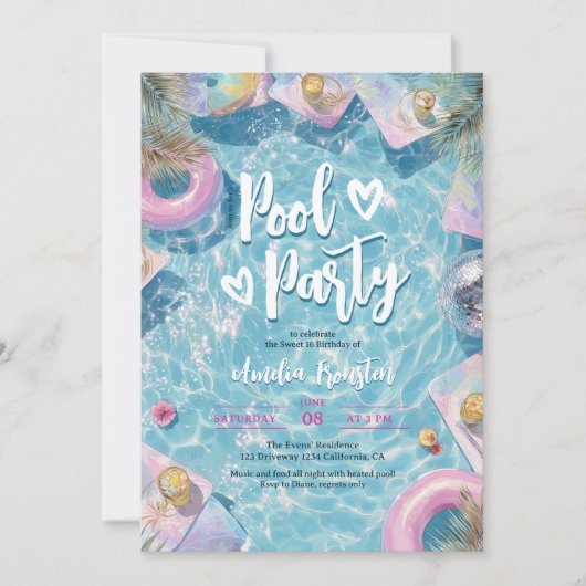 Invitation Summer Retro Disco Sweet 16 Pool Vibes Party (Devant)