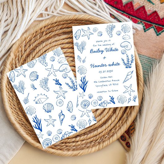 Invitation Summer Seashells Frame Beach Wedding Blue