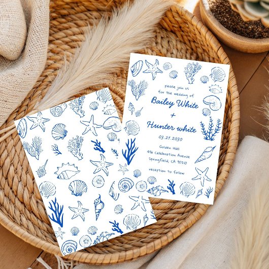 Invitation Summer Seashells Frame Beach Wedding Blue 