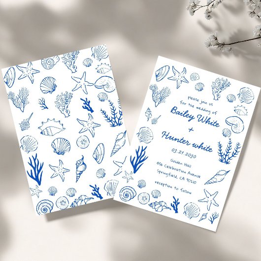 Invitation Summer Seashells Frame Beach Wedding Blue 