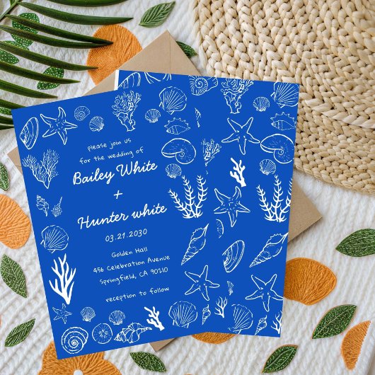 Invitation  Summer Seashells Frame Beach Wedding Blue