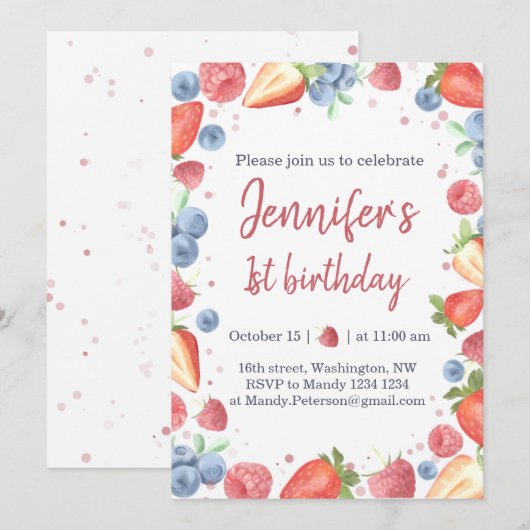 Invitation Summer Sweet Berry fraise 1er anniversaire (Devant / Derrière)