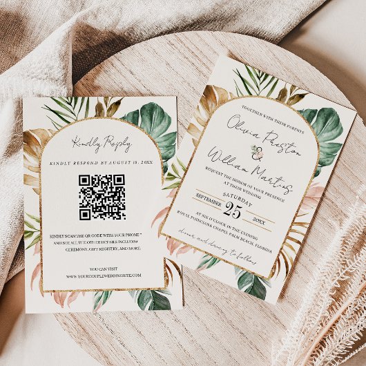 Invitation Summer Tropical Feuille Arch QR Code RSVP Mariage