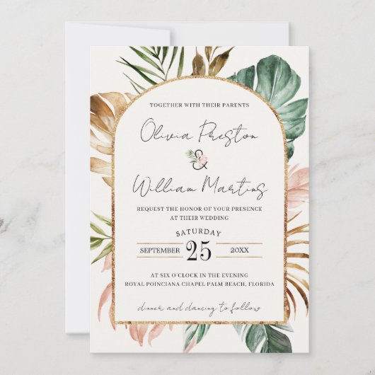 Invitation Summer Tropical Feuille Arch QR Code RSVP Mariage (Devant)