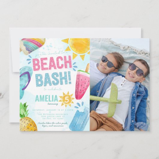 Invitation Summer Watercolor Beach Bash fête d'anniversaire (Devant)