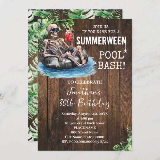 Invitation Summerween Skeleton Tropical Halloween Birthday (Devant / Derrière)