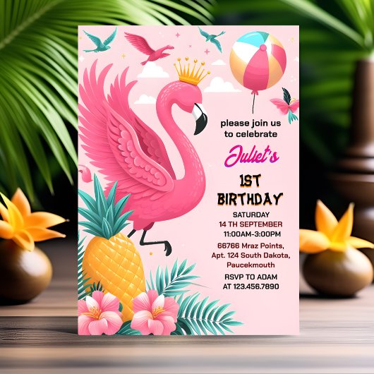 Invitation sun Luau Fly Pink Flamant rose Pool Party 1er anni