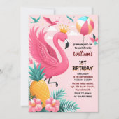 Invitation sun Luau Fly Pink Flamant rose Pool Party 1er anni (Devant)