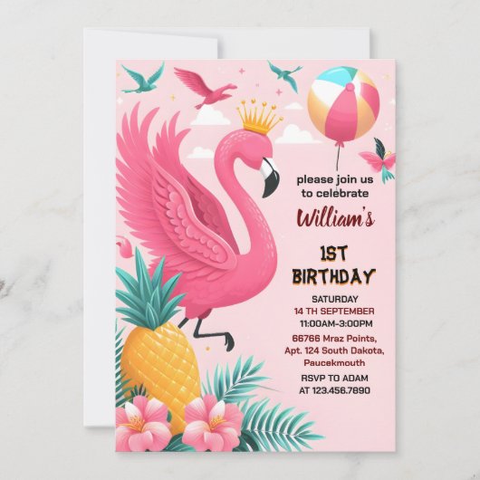Invitation sun Luau Fly Pink Flamant rose Pool Party 1er anni (Devant)