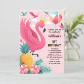 Invitation sun Luau Fly Pink Flamant rose Pool Party 1er anni (Debout devant)