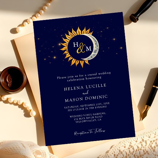 Invitation Sun Moon Stars Monogram Navy Blue Mariage