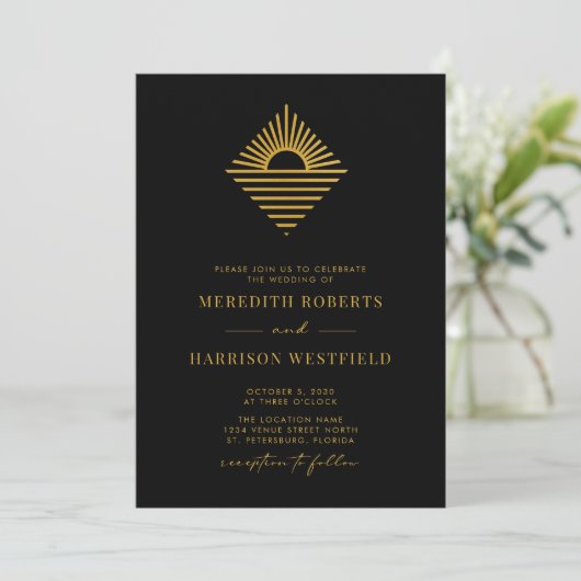 Invitation Sun Ocean QR Code RSVP Gold sur le Mariage noir (Debout devant)