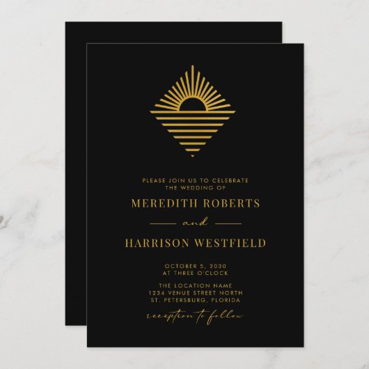 Invitation Sun Ocean QR Code RSVP Gold sur le Mariage noir (Devant / Derrière)