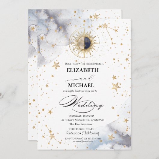 Invitation Sun Stars Celestial Wedding (Devant / Derrière)