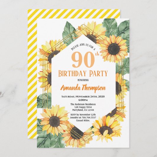 Invitation Sunflower 90e fête d'anniversaire Femmes (Devant / Derrière)