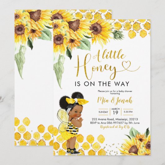 Invitation Sunflower Afro Little Honey Bee Baby shower (Devant / Derrière)