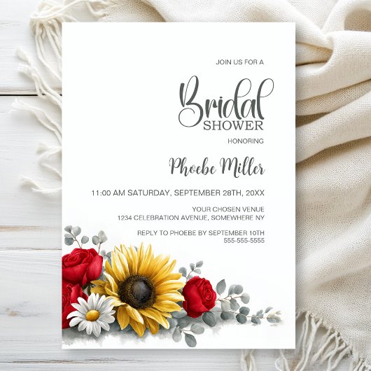 Invitation Sunflower and Red Rose Floral Bridal Shower