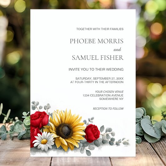 Invitation Sunflower and Red Rose Floral Wedding