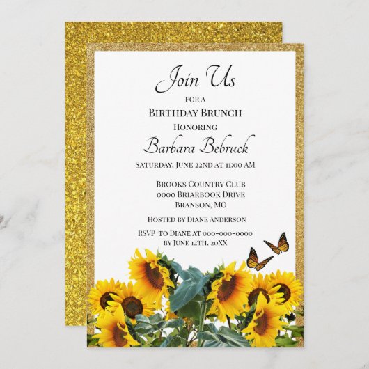 Invitation Sunflower Anniversaire Brunch Parties scintillant  (Devant / Derrière)