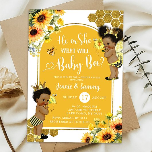 Invitation Sunflower Bee Afro Girl Gender Reveal