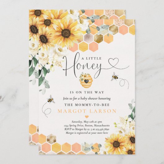 Invitation Sunflower Bee Baby shower Petit Miel En Route (Devant / Derrière)