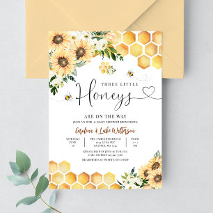 Invitation Sunflower Bee Twin Triplet Baby shower de miel