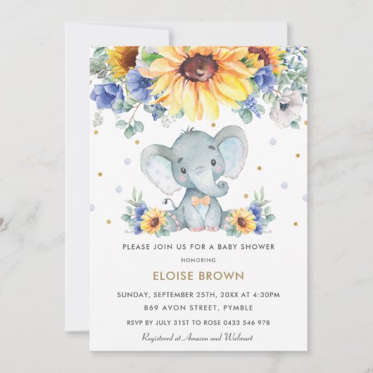 Invitation Sunflower Blue Floral Elephant Baby shower garçon (Devant)
