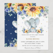 Invitation Sunflower Blue Floral Elephant Baby shower garçon (Devant / Derrière)