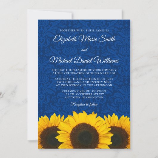 Invitation Sunflower Blue Mariage damassé (Devant)